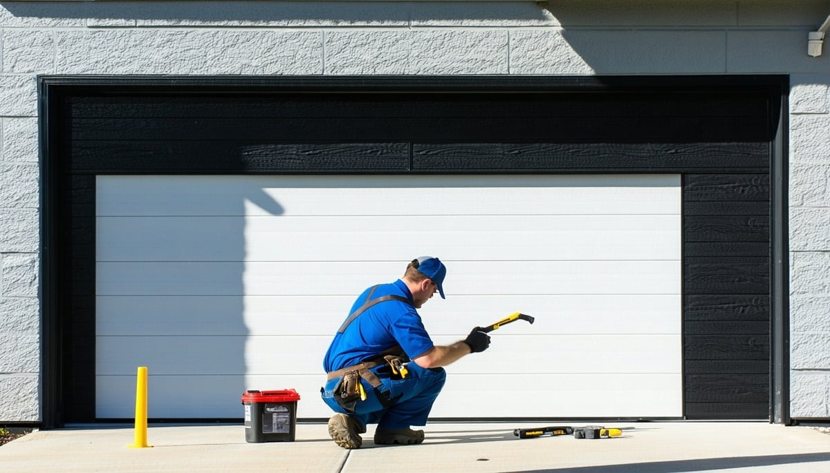 Technician installing a garage door